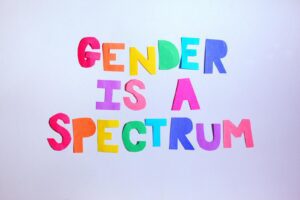 Vibrant cut-out letters spelling 'Gender is a Spectrum' on white background.